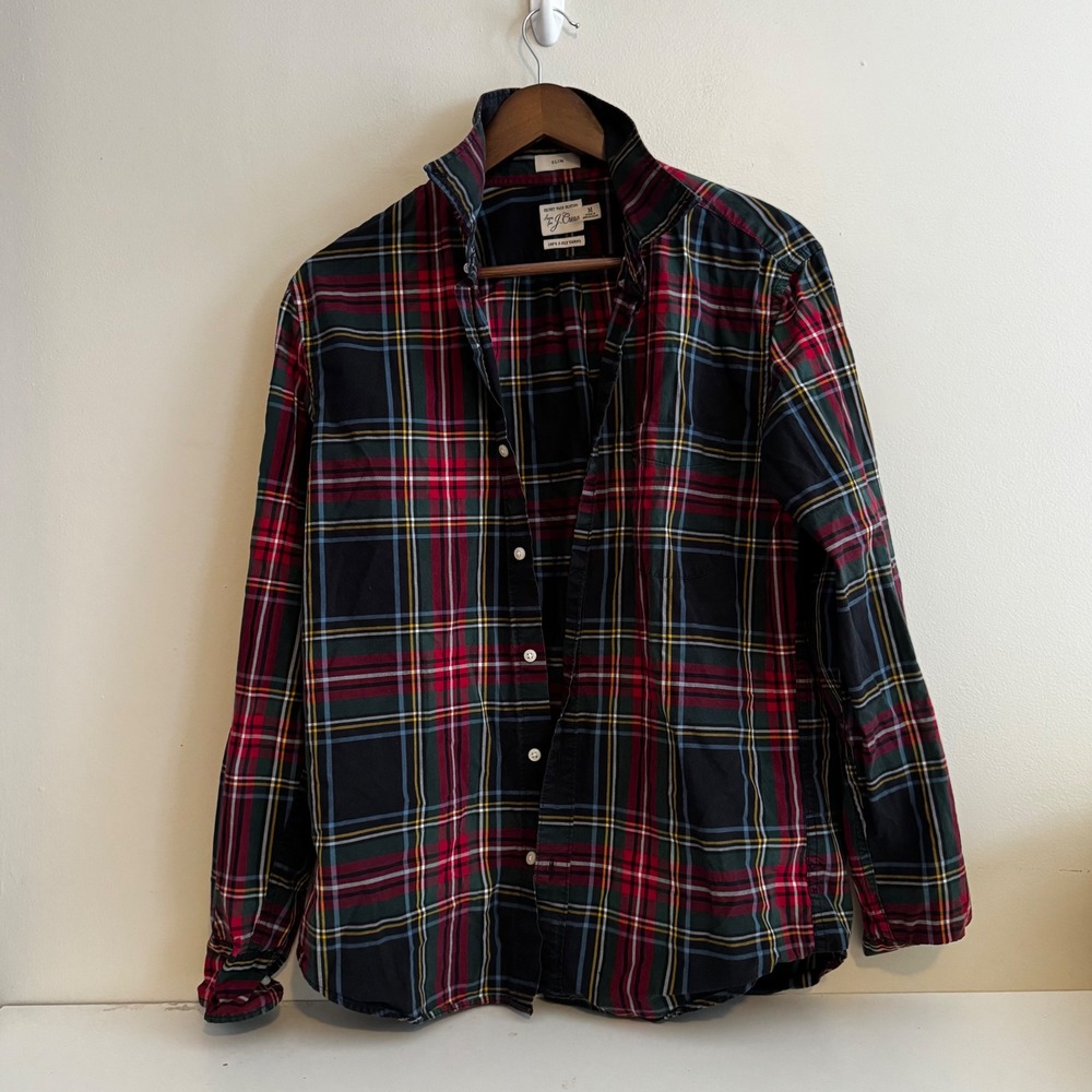 J. Crew Men's M Slim Fit Button Up Multicolor Plaid Fall Winter Holiday Cotton